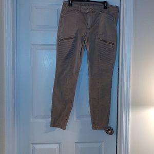 Khaki zipper jeans gold tone accents average length